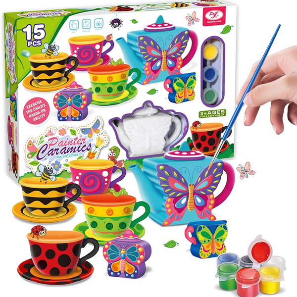 15Pcs Paint Your Own Ceramic Tea Party Pretend Set 3+ - Nesh Kids Store