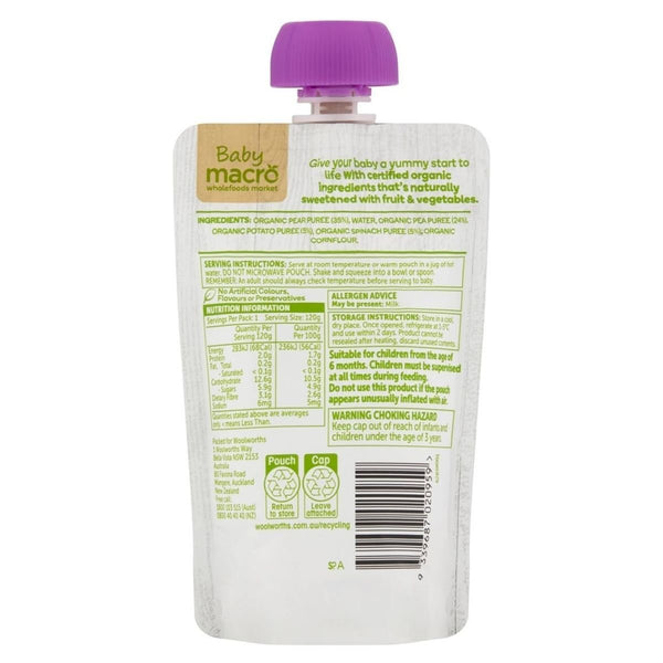 Macro Organic 6 Months+ Pear Pea Potato & Spinach 120g - Nesh Kids Store