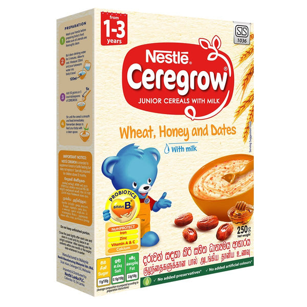 Nestle CEREGROW Junior Cereal with Milk Wheat, Honey & Dates with Milk from 1-3 years 250g Bag In Box Pack - Nesh Kids Store