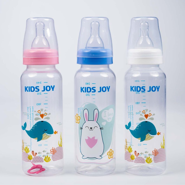 KIDS JOY PLASTIC FEEDING BOTTLE STANDARD NECK 240ML WHITE