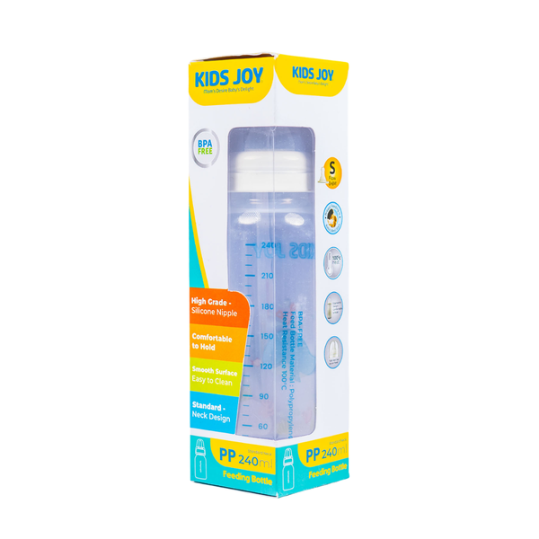 KIDS JOY PLASTIC FEEDING BOTTLE STANDARD NECK 240ML WHITE